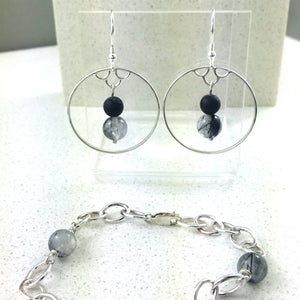 Sterling Silver 925 Quartz/Tourmaline and Lava Bead Earrings