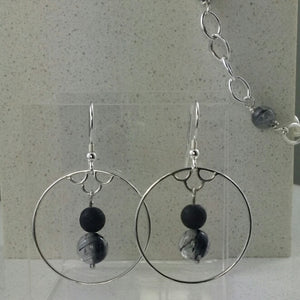 Sterling Silver 925 Quartz/Tourmaline and Lava Bead Earrings