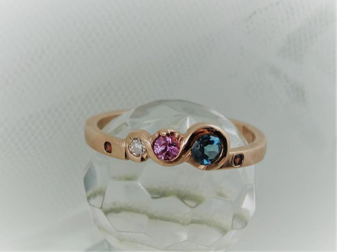 The Candy Wave Ring, 9ct Rose Gold Ring, London Blue Topaz, Pink Sapphire,Diamond and Ruby 9