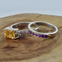 Load image into Gallery viewer, Amethyst Stacking Ring, 925 Sterling Silver, 18ct Yellow Gold, grain set band x2
