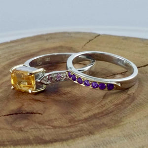 Amethyst Stacking Ring, 925 Sterling Silver, 18ct Yellow Gold, grain set band x2