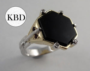 Octagon Elegance, Gold, Diamond, Ruby, Onyx, Ring