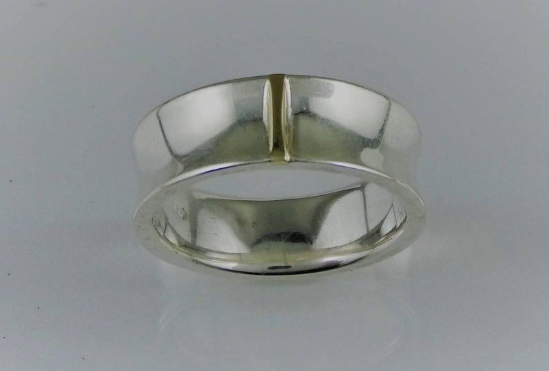 Past and Future, wide solid 925 Silver Ring, 375 9ct gold Contemporary, Minimalist